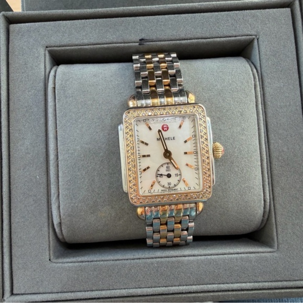 Michele Deco 16mm Two-Tone Gold and Silver Diamond Bezel Women’s Watch - Box set